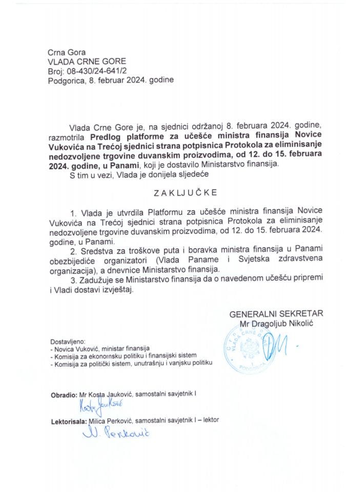 Predlog platforme za učešće ministra finansija Novice Vukovića na Trećoj sjednici strana potpisnica Protokola za eliminisanje nedozvoljene trgovine duvanskim proizvodima, od 12. do 15. februara 2024, u Panami - zaključci