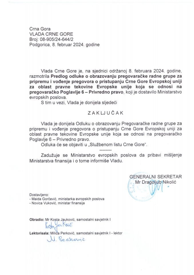 Предлог одлуке о образовању Преговарачке радне групе за припрему и вођење преговора о приступању Црне Горе Европској унији за област правне тековине Европске уније која се односи на преговарачко поглавље 6 – Привредно право - закључци