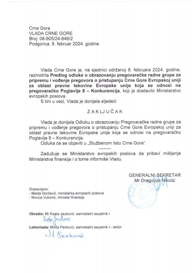Предлог одлуке о образовању Преговарачке радне групе за припрему и вођење преговора о приступању Црне Горе Европској унији за област правне тековине Европске уније која се односи на преговарачко поглавље 8 – Конкуренција - закључци