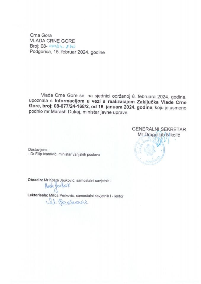 Usmena informacija u vezi realizacije zaključka Vlade Crne Gore, broj: 08-077/24-168/2, od 16. januara 2024. godine - zaključci