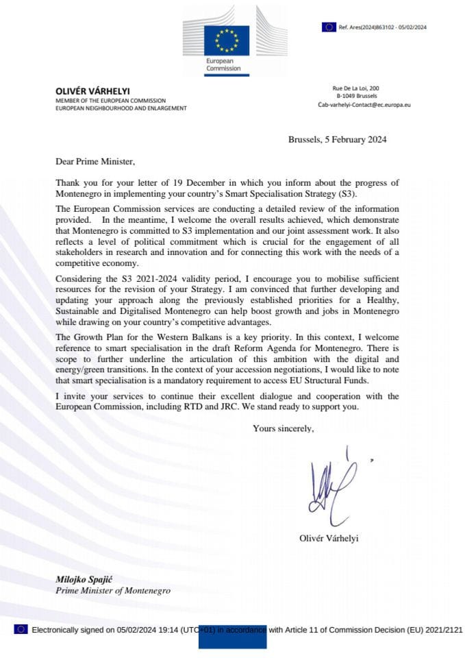 Писмо европског комесара за сусједску политику и проширење Оливера Вархељија упућено предсједнику Владе Милојку Спајићу - Стратегија паметне специјализације