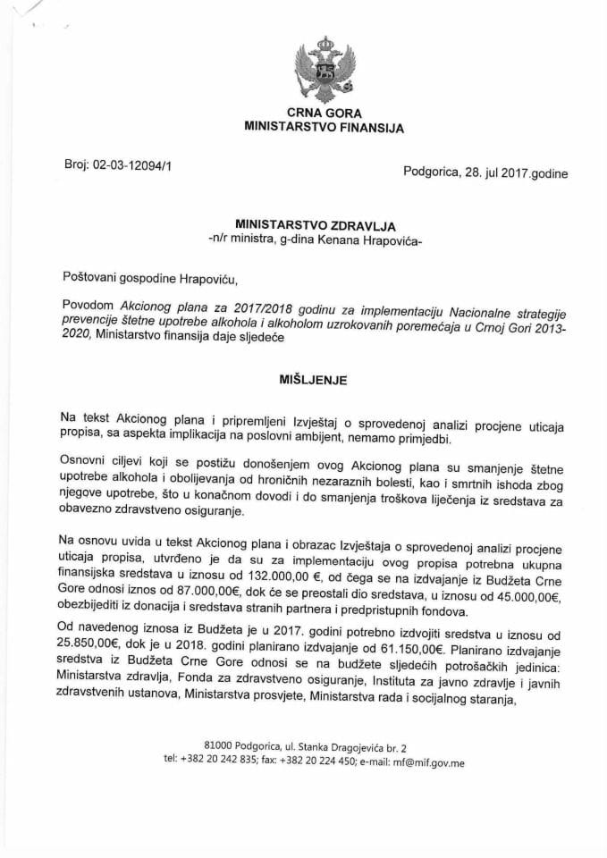 Mišljenje na Akcioni plan za realizaciju NPZP godinu za implemenatciju Nacionalne strategije prevencije