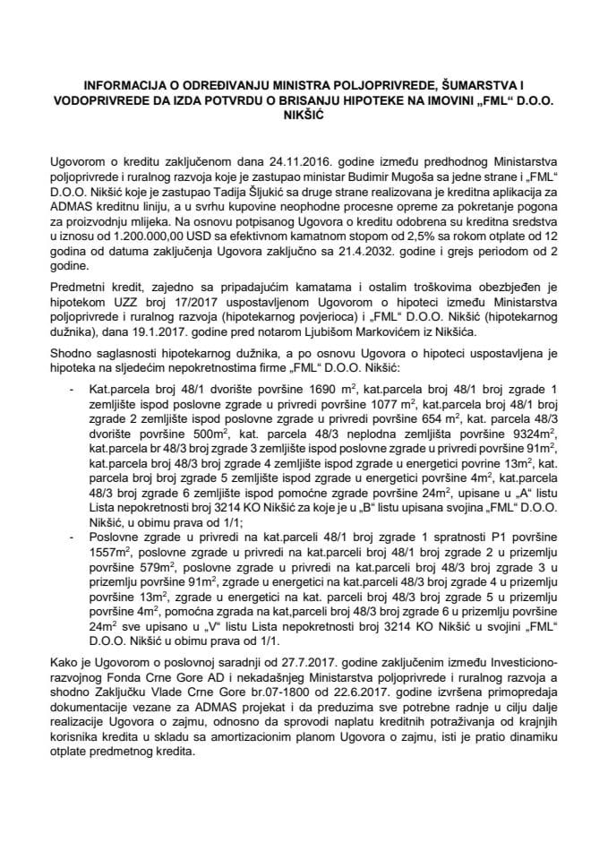 Informacija o određivanju ministra poljoprivrede, šumarstva i vodoprivrede da izda potvrdu o brisanju hipoteke na imovini „FML“ DOO Nikšić
