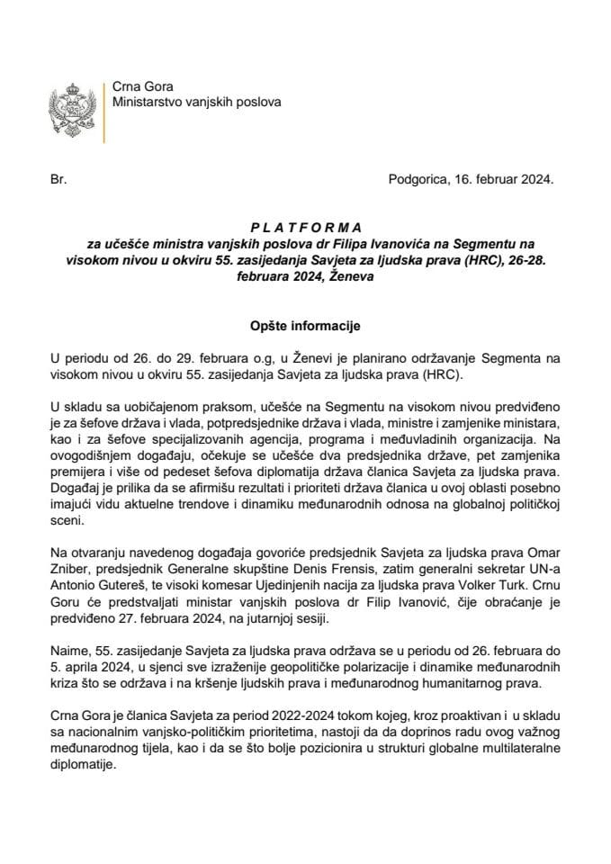 Predlog platforme za učešće ministra vanjskih poslova dr Filipa Ivanovića na Segmentu na visokom nivou u okviru 55. zasijedanja Savjeta za ljudska prava, 26-28. februara 2024. godine, Ženeva