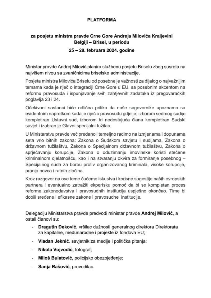 Predlog platforme za posjetu ministra pravde Crne Gore Andreja Milovića Kraljevini Belgiji, Brisel, u periodu 25-28. februar 2024. godine