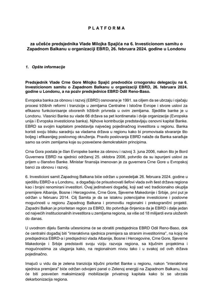 Predlog platforme za učešće predsjednika Vlade Milojka Spajića na 6. Investicionom samitu o Zapadnom Balkanu u organizaciji EBRD, 26. februara 2024. godine, u Londonu