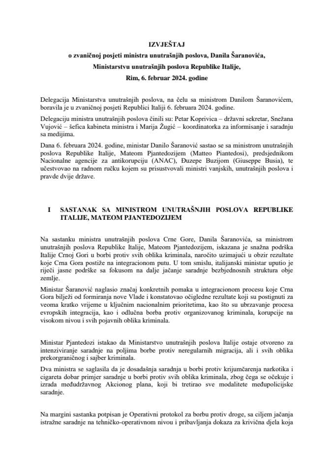 Izvještaj o zvaničnoj posjeti ministra unutrašnjih poslova, Danila Šaranovića, Ministarstvu unutrašnjih poslova Republike Italije, Rim, 6. februar 2024. godine