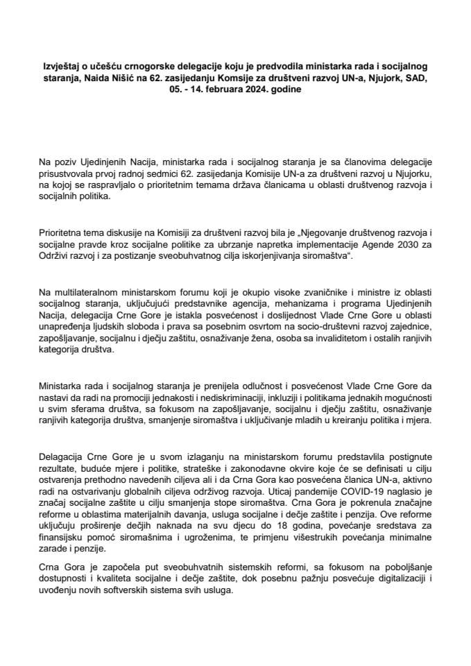 Izvještaj o učešću crnogorske delegacije koju je predvodila ministarka rada i socijalnog staranja, Naida Nišić na 62. zasijedanju Komisije za društveni razvoj UN-a, Njujork, SAD, 5 - 14. februara 2024. godine