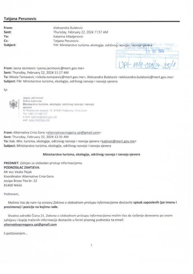 Zahtjev - Slobodan pristup informacijama - UPI 1111-037-24-25-1 Alternativa Crna Gora