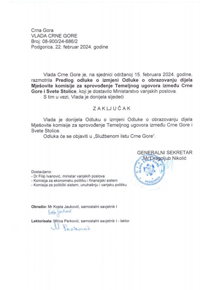 Predlog odluke o izmjeni Odluke o obrazovanju dijela Mješovite komisije za sprovođenje Temeljnog ugovora između Crne Gore i Svete Stolice - zaključci