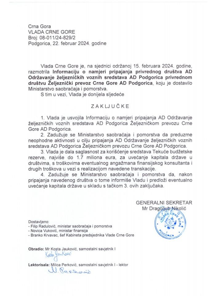 Informacija o namjeri pripajanja privrednog društva AD "Održavanje željezničkih voznih sredstava" Podgorica privrednom društvu "Željeznički prevoz Crne Gore" AD Podgorica - zaključci