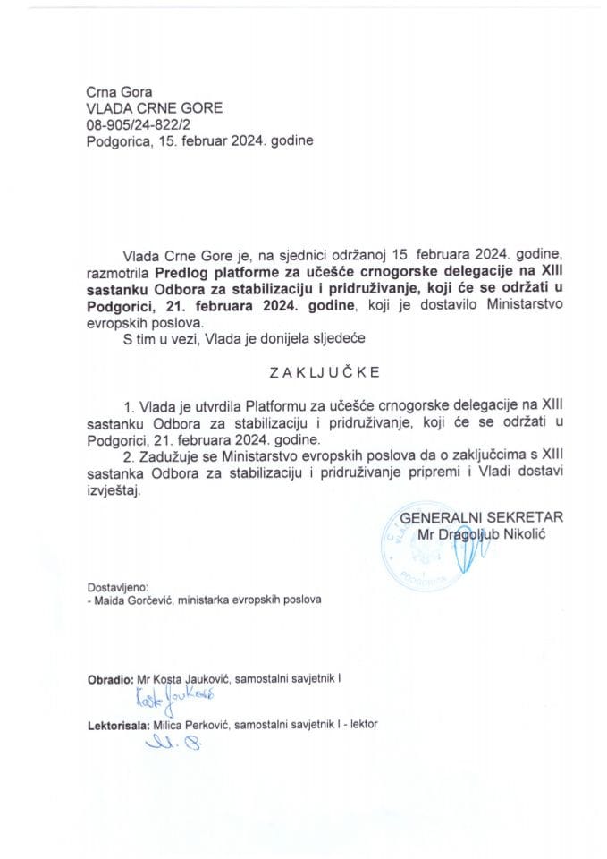 Predlog platforme za učešće crnogorske delegacije na XIII sastanku Odbora za stabilizaciju i pridruživanje, koji će se održati u Podgorici, 21. februara 2024. godine - zaključci