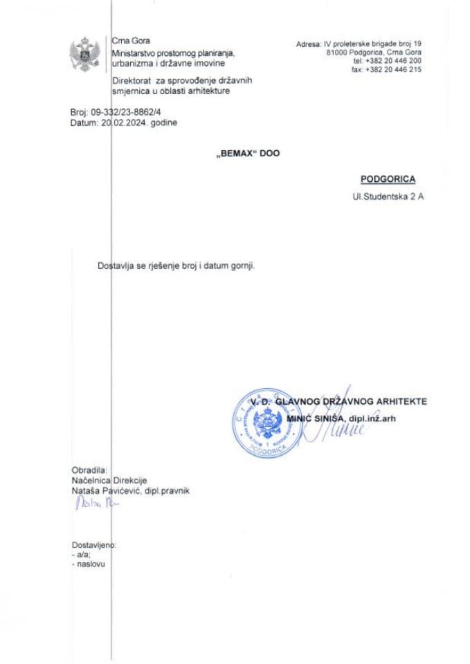 Rješenja glavnog državnog arhitekte - 20.02.2024  Rješenje -BEMAX DOO, Podgorica-Glavni grad Podgorica