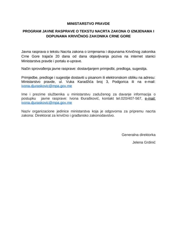 Program javne rasprave o tekstu Nacrta zakona o izmjenama i dopunama Krivičnog zakonika Crne Gore
