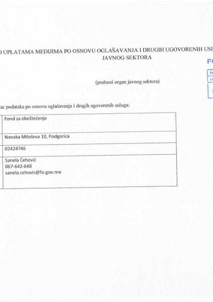 Uplate medijima po osnovu oglašavanja i drugih ugovorenih usluga od strane organa javnog sektora za 2023.