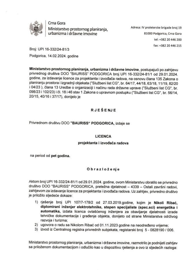 Licence projektanata i izvođača radova - UPI 16-332-24-81-3 DOO BAURISS