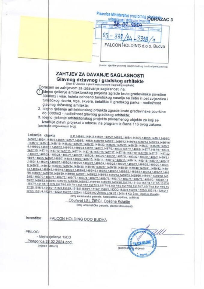 Zahtjevi investitora za davanje saglasnosti glavnog državnog arhitekte - 28.02.2024 Zahtjev -FALCON HOLDING DOO, Budva -Opština Kolašin
