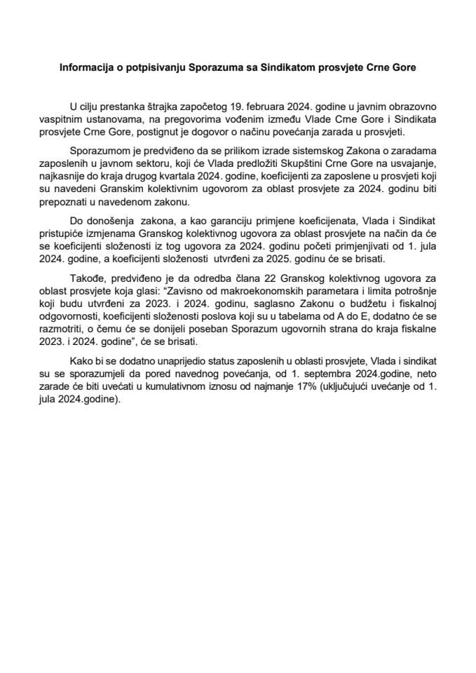 Informacija o potpisivanju Sporazuma sa Sindikatom prosvjete Crne Gore sa Predlogom sporazuma