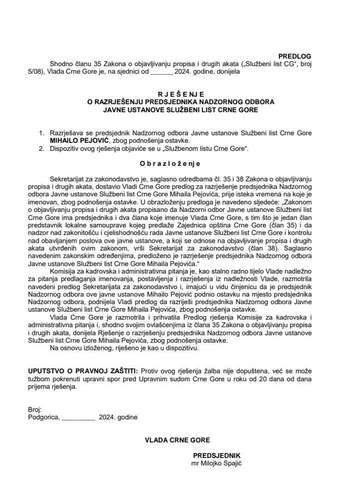 Predlog za razrješenje predsjednika Nadzornog odbora Javne ustanove Službeni list Crne Gore