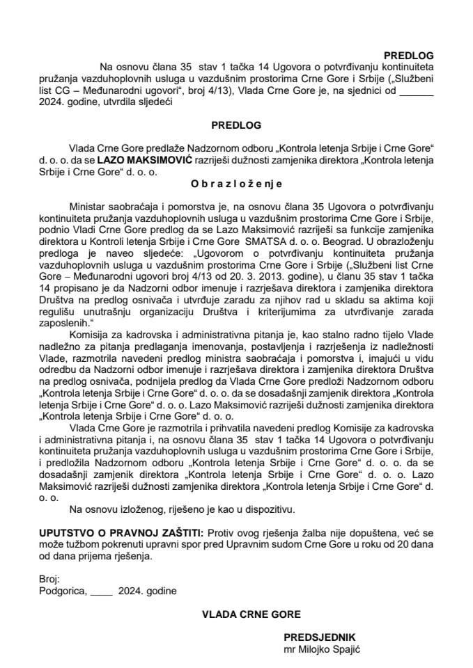 Predlog za razrješenje zamjenika direktora „Kontrola letenja Srbije i Crne Gore“ d. o. o.