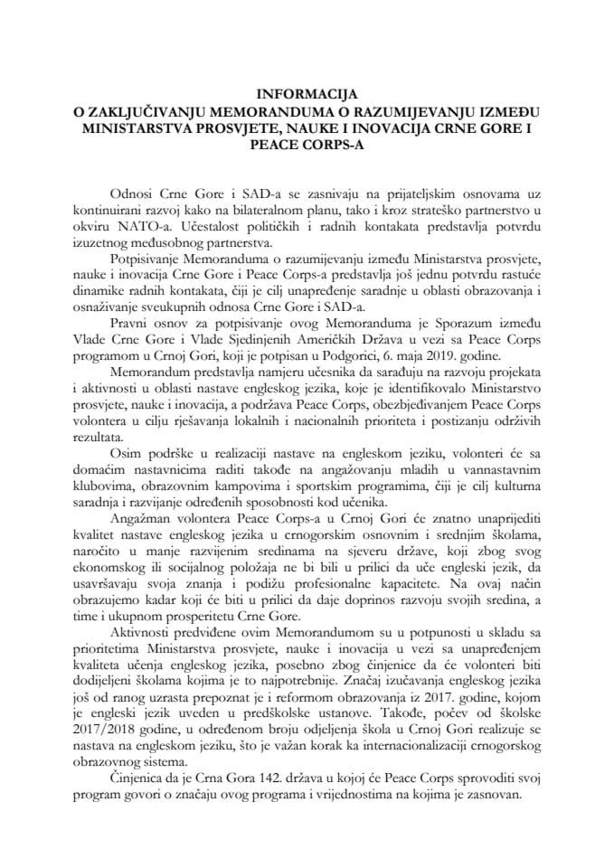 Informacija o zaključivanju Memoranduma o razumijevanju između Ministarstva prosvjete, nauke i inovacija Crne Gore i Peace Corps-a s Predlogom memoranduma