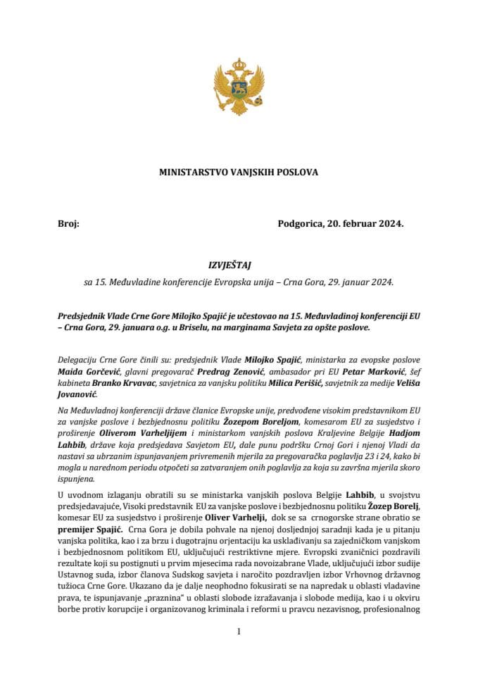 Izvještaj o učešću predsjednika Vlade Milojka Spajića na 15. Međuvladinoj konferenciji Evropska unija - Crna Gora, 29. januar 2024. godine, Brisel
