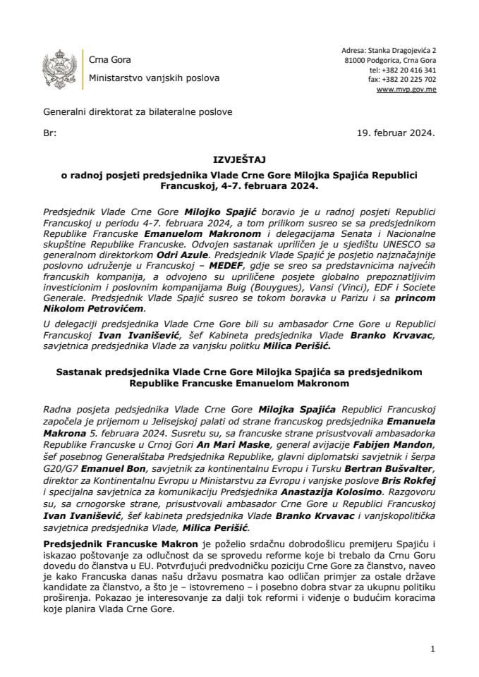 Извјештај о радној посјети предсједника Владе Црне Горе Милојка Спајића Републици Француској, од 4. до 7. фебруара 2024. године