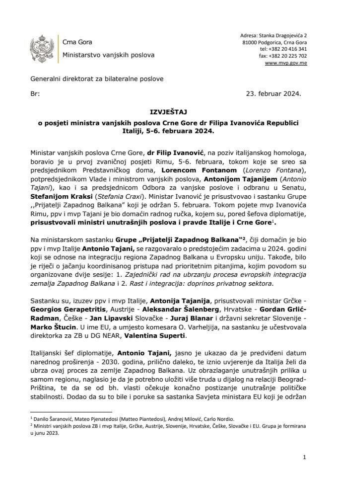 Izvještaj o posjeti ministra vanjskih poslova Crne Gore dr Filipa Ivanovića Republici Italiji, 5-6. februar 2024. godine