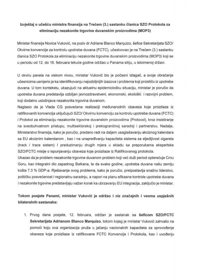 Izvještaj o učešću ministra finansija Novice Vukovića na Trećem (3.) sastanku članica SZO Protokola za eliminaciju nezakonite trgovine duvanskim proizvodima (MOP3), koji je održan u periodu od 12. do 16. februara 2024. godine, u Panami