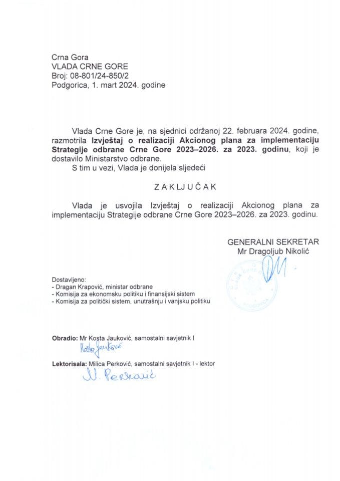 Извјештај о реализацији Акционог плана за имплементацију Стратегије одбране Црне Горе 2023-2026, за 2023. годину - закључци