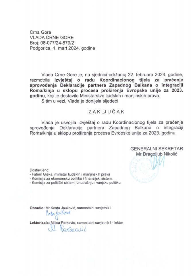 Извјештај о раду Координационог тијела за праћење спровођења Декларације партнера Западног Балкана о интеграцији Рома/киња у склопу процеса проширења Европске уније за 2023. годину - закључци