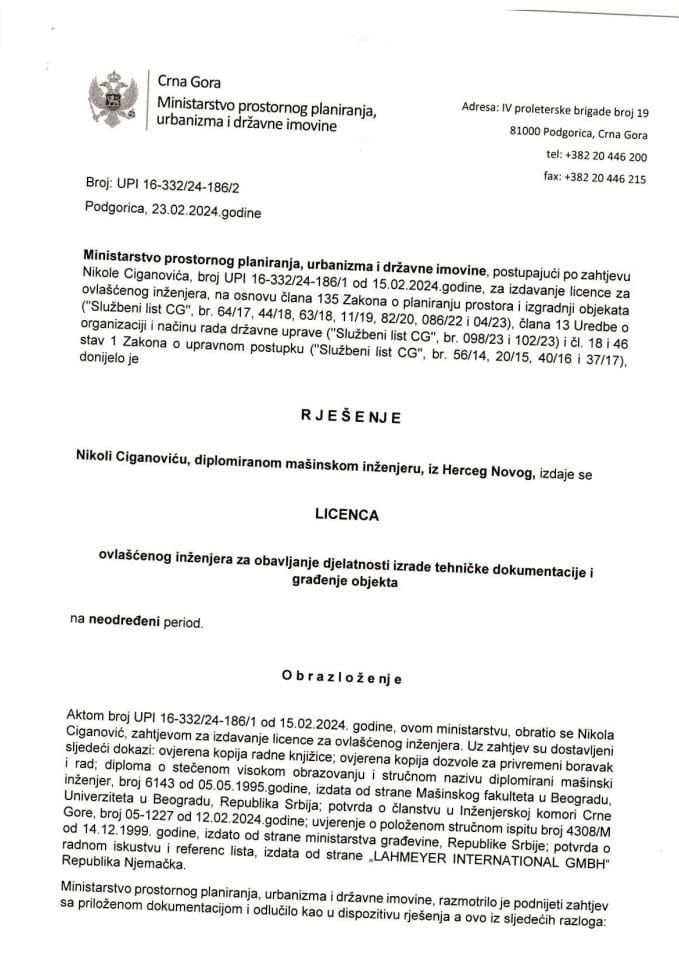 Licenca ovlačćenog inženjera za mašinsku djelatnost - UPII 16-332-24-186-2 NIKOLA CIGANOVIĆ