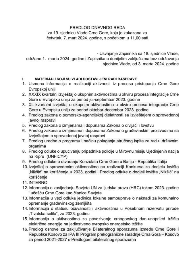 Predlog dnevnog reda za 19. sjednicu Vlade Crne Gore