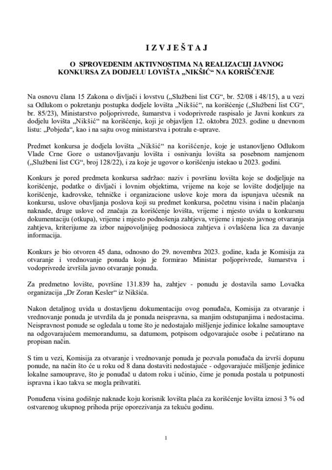 Извјештај о спроведеним активностима на реализацији Конкурса за додјелу ловишта „Никшић“ на коришћење у 2023. години и Предлог одлуке о додјели ловишта „Никшић“ на коришћење