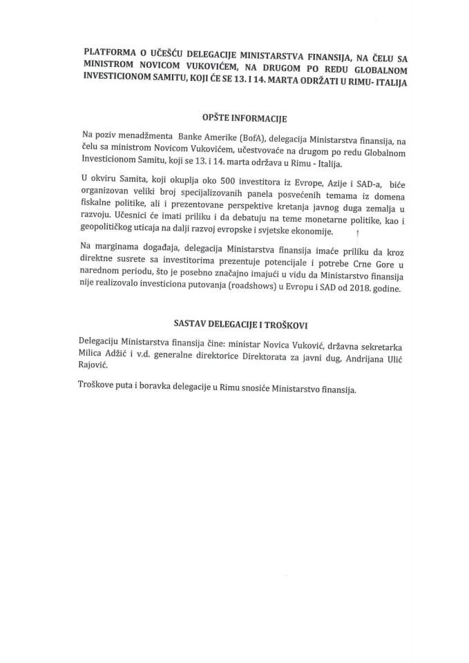 Predlog platforme o učešću delegacije Ministarstva finansija, na čelu sa ministrom finansija Novicom Vukovićem, na drugom po redu Globalnom investicionom samitu, 13. i 14. marta 2024. godine, u Rimu, Republika Italija