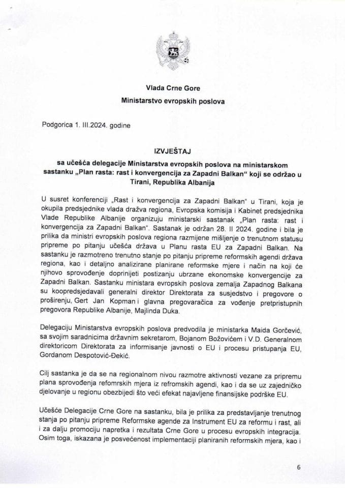 Извјештај са учешћа делегације Министарства европских послова на министарском састанку „План раста: раст и конвергенција за Западни Балкан“, који је одржан у Тирани, Република Албанија