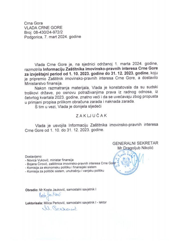 Informacija Zaštitnika imovinsko - pravnih interesa Crne Gore za izvještajni period od 01.10.2023. godine do 31.12.2023. godine - zaključci