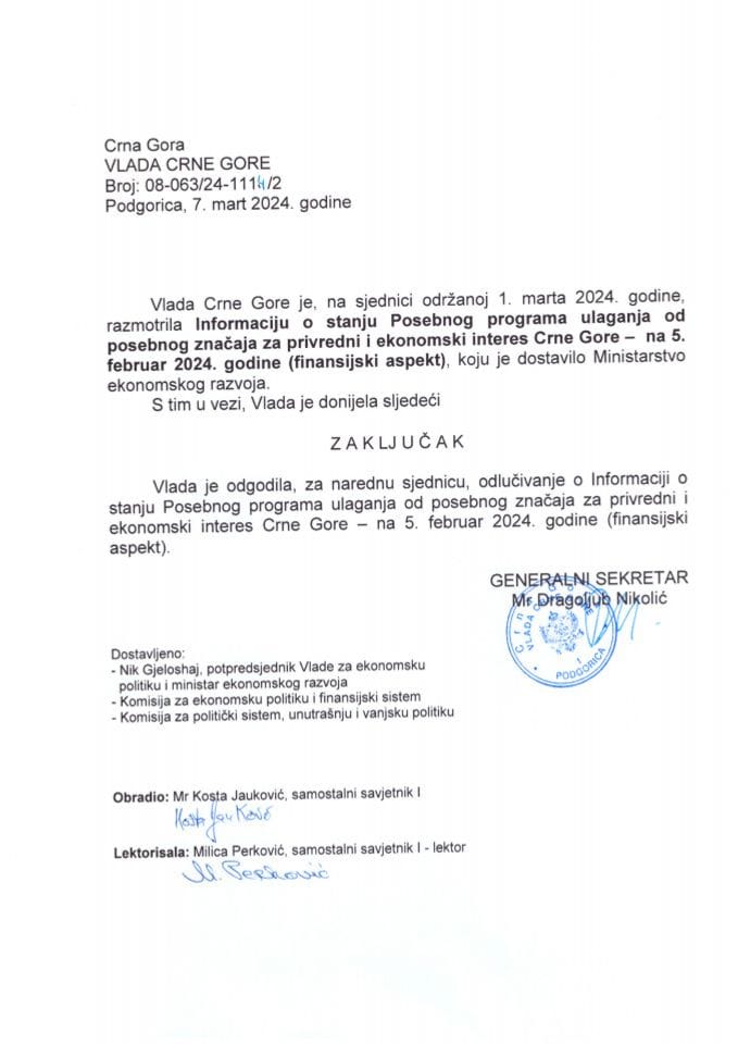 Информација о стању Посебног програма улагања од посебног значаја за привредни и економски интерес Црне Горе на 05. фебруар 2024. године (финансијски аспект) - ОДГОЂЕНО - закључци
