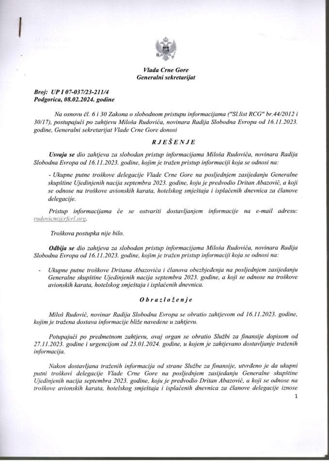 Informacija kojoj je pristup odobren po zahtjevu Miloša Rudovića, novinara Radio Slobodna Evropa, od 16.11.2023. godine – UP I 07-037/23-211/4