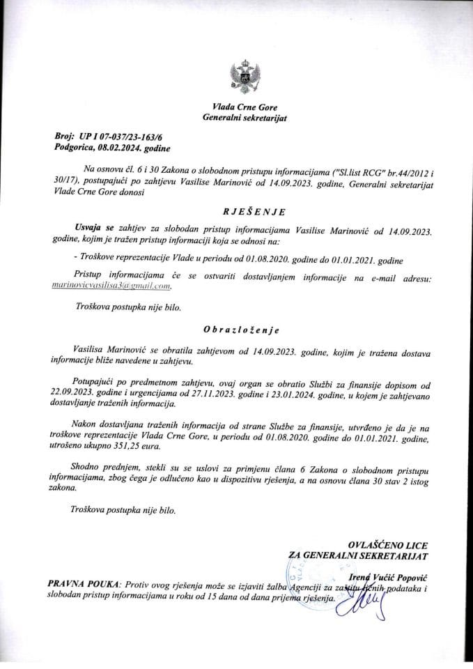 Informacija kojoj je pristup odobren po zahtjevu Vasilise Marinović, od 14.09.2023. godine – UP I 07-037/23-163/6