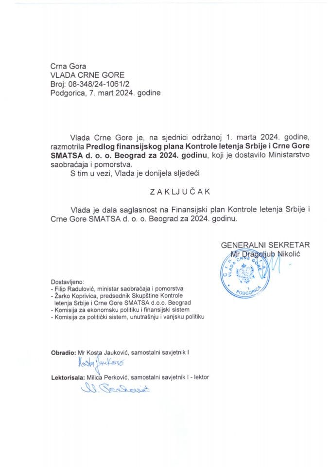 Predlog finansijskog plana Kontrole letenja Srbije i Crne Gore SMATSA d.o.o. Beograd, za 2024. godinu (bez rasprave) - zaključci