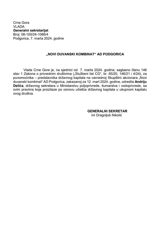 Predlog za određivanje punomoćnika - predstavnika državnog kapitala na vanrednoj sjednici Skupštine akcionara "Novi duvanski kombinat" AD Podgorica