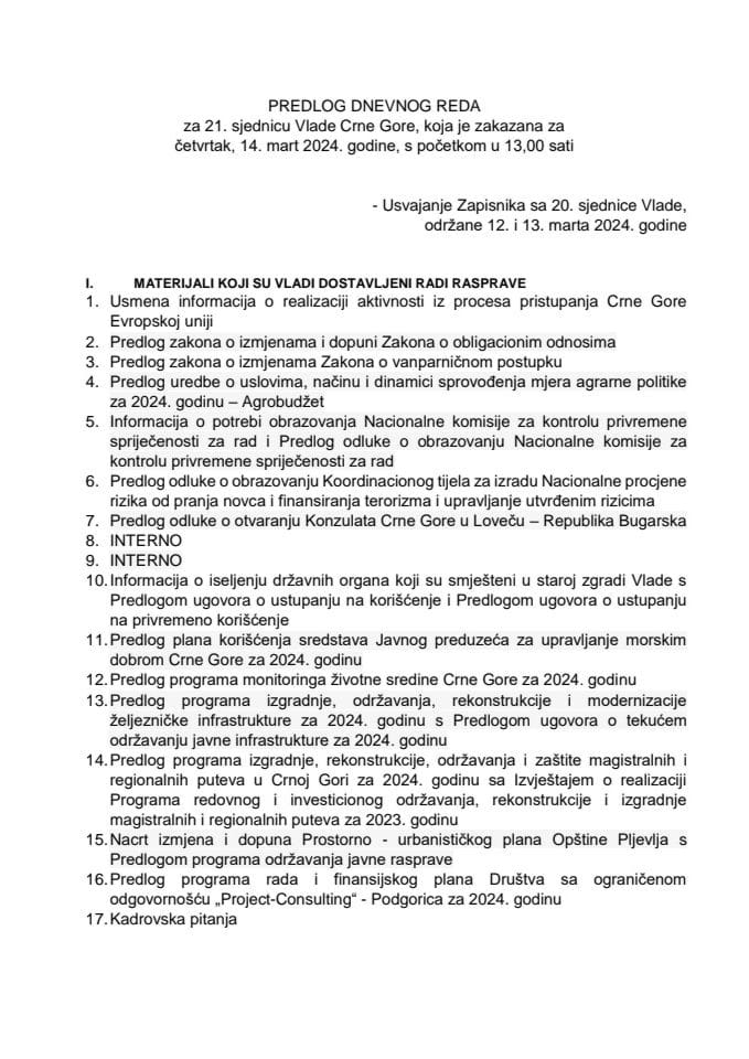 Predlog dnevnog reda za 21. sjednicu Vlade Crne Gore