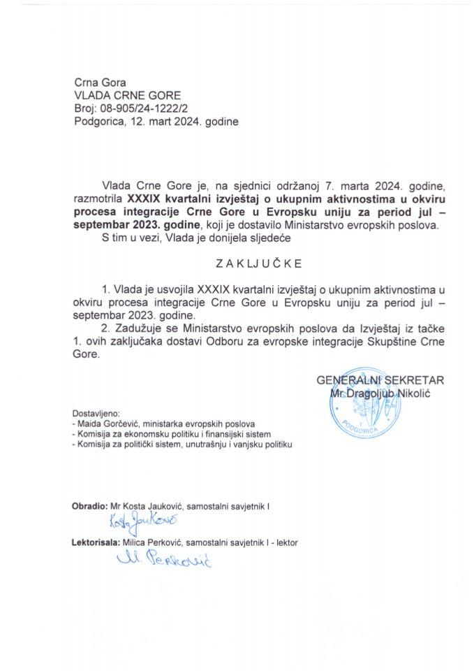 XXXIX квартални извјештај о укупним активностима у оквиру процеса интеграције Црне Горе у Европску унију за период јул-септембар 2023. године - закључци