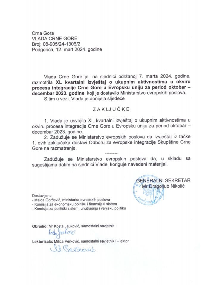 XL квартални извјештај о укупним активностима у оквиру процеса интеграције Црне Горе у Европску унију за период октобар-децембар 2023. године - закључци