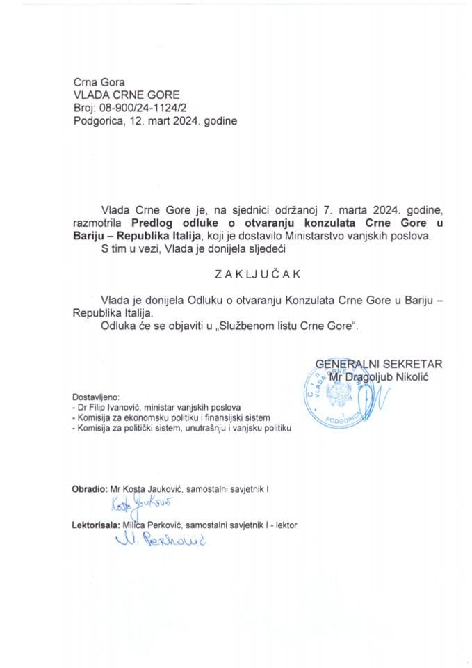 Предлог одлуке о отварању Конзулата Црне Горе у Барију - Република Италија - закључци