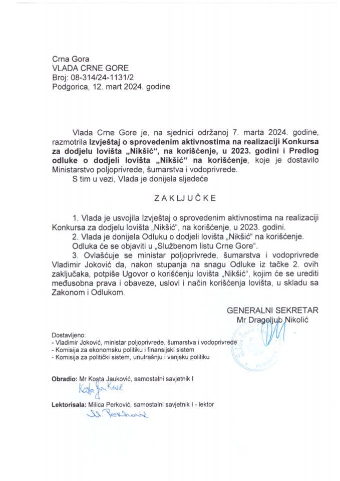 Izvještaj o sprovedenim aktivnostima na realizaciji Konkursa za dodjelu lovišta „Nikšić“ na korišćenje u 2023. godini i Predlog odluke o dodjeli lovišta „Nikšić“ na korišćenje - zaključci