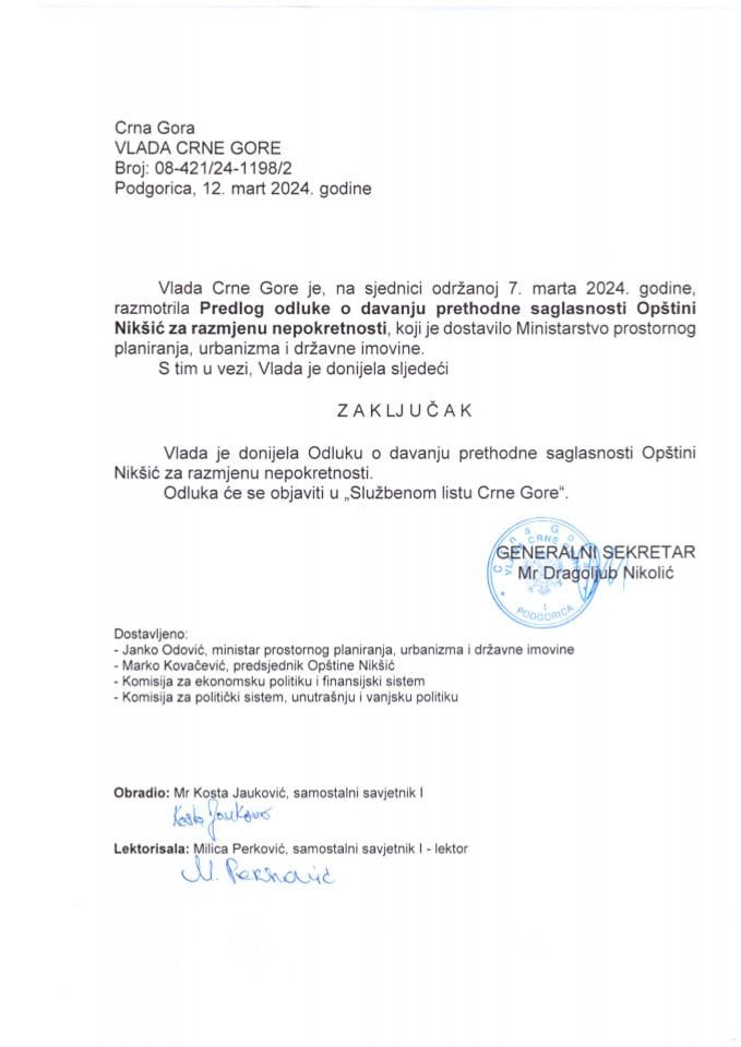 Predlog odluke o davanju prethodne saglasnosti Opštini Nikšić za razmjenu nepokretnosti - zaključci