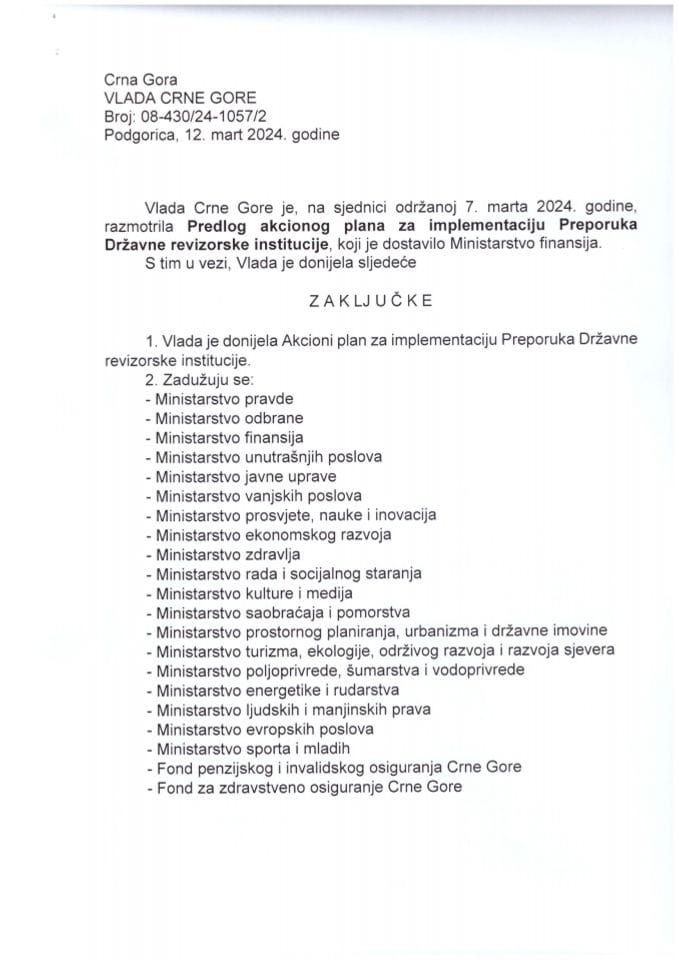 Предлог акционог плана за имплементацију препорука Државне ревизорске институције - закључци