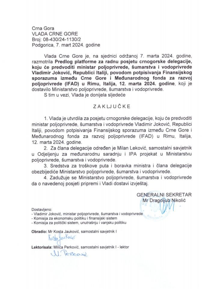 Predlog platforme za radnu posjetu crnogorske delegacije koju će predvoditi ministar poljoprivrede, šumarstva i vodoprivrede Vladimir Joković Republici Italiji - zaključci